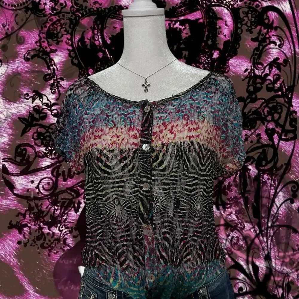 zebra swirl print washed abstract watercolor sheer y2k top - Picture 7 of 8